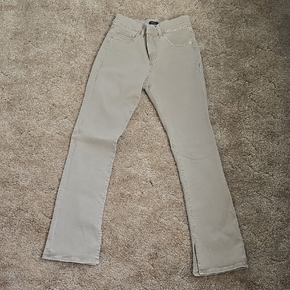Express Skyscraper Mid Rise Tan Jeans With Boot Cutout
